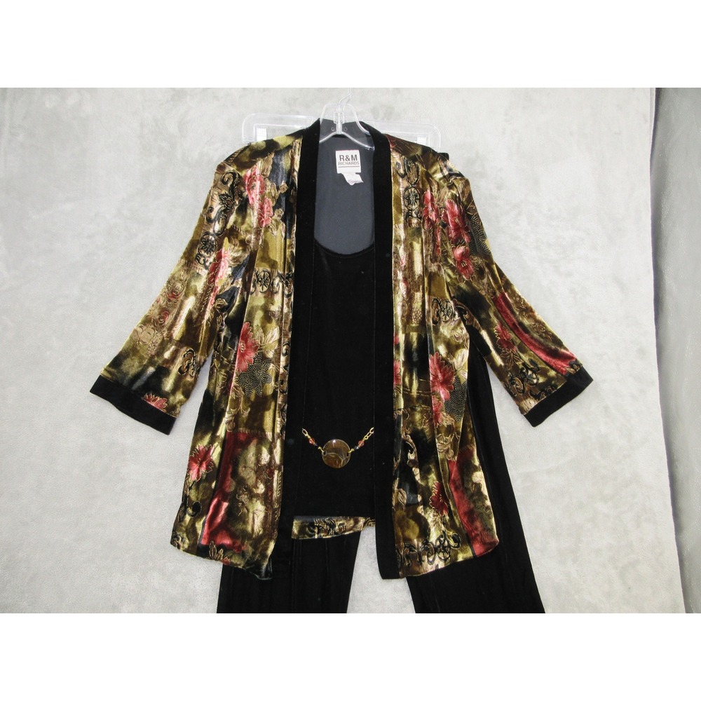 R&M Richards Pant Set Womens Size 14 Floral Velvet 2pc Evening Party Event Black - Picture 3 of 12